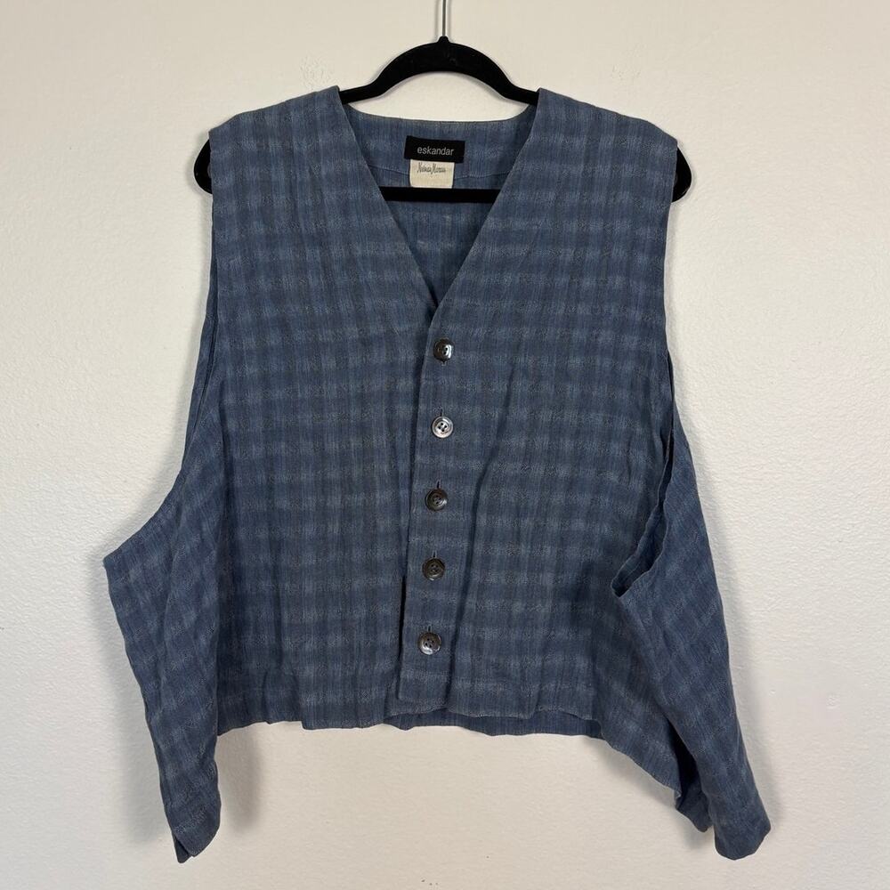Eskandar Checkered Plaid Casual Quiet Luxury Preppy Button Down Linen Vest O/S